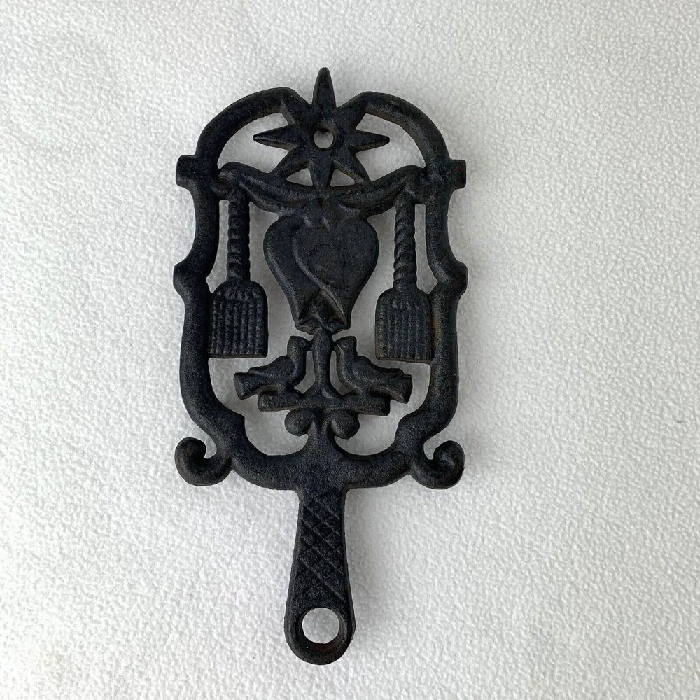 Black Cast Iron Trivet Hearts Star Broom Love Birds Footed 9" Vintage